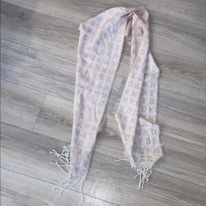 DKNY Beige White Women's Fringe Scarf Winter Logo Acrylic